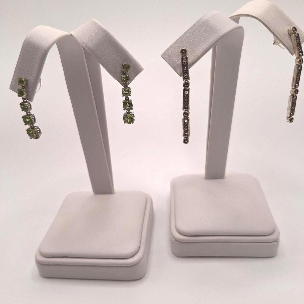 Marcasite and peridot drop dangle earrings in sterling silver set of 2